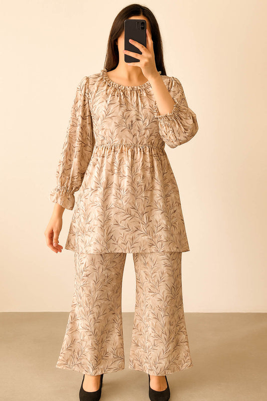 Co-Ord Set Frilled Neck-Mocha Leaf