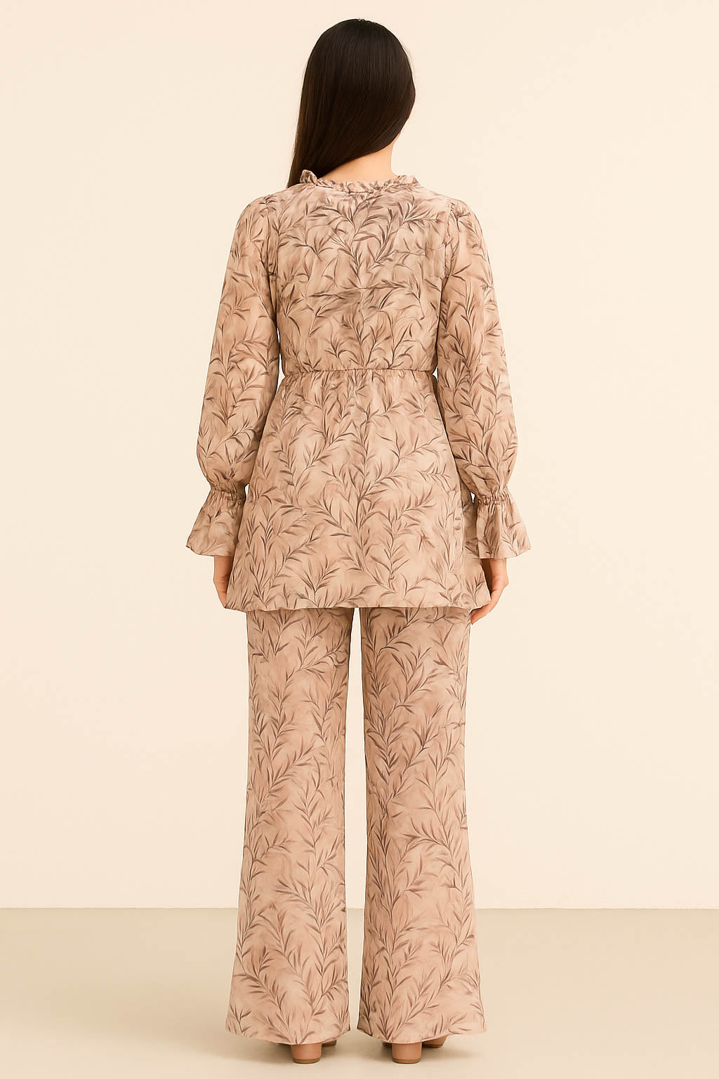 Co-Ord Set Frilled Neck-Mocha Leaf