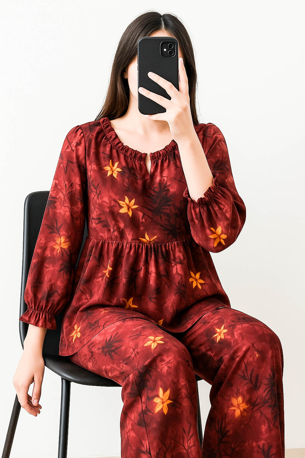 Co-Ord Set Frilled Neck-Deep Maroon