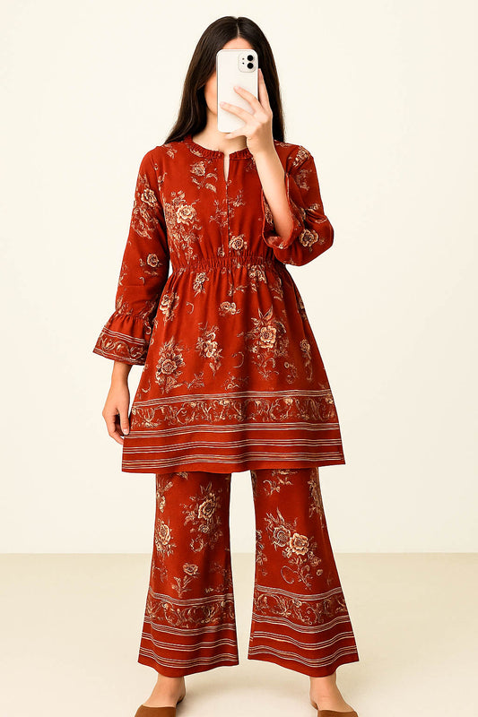 Co-Ord Set Frilled Neck-Rusty border