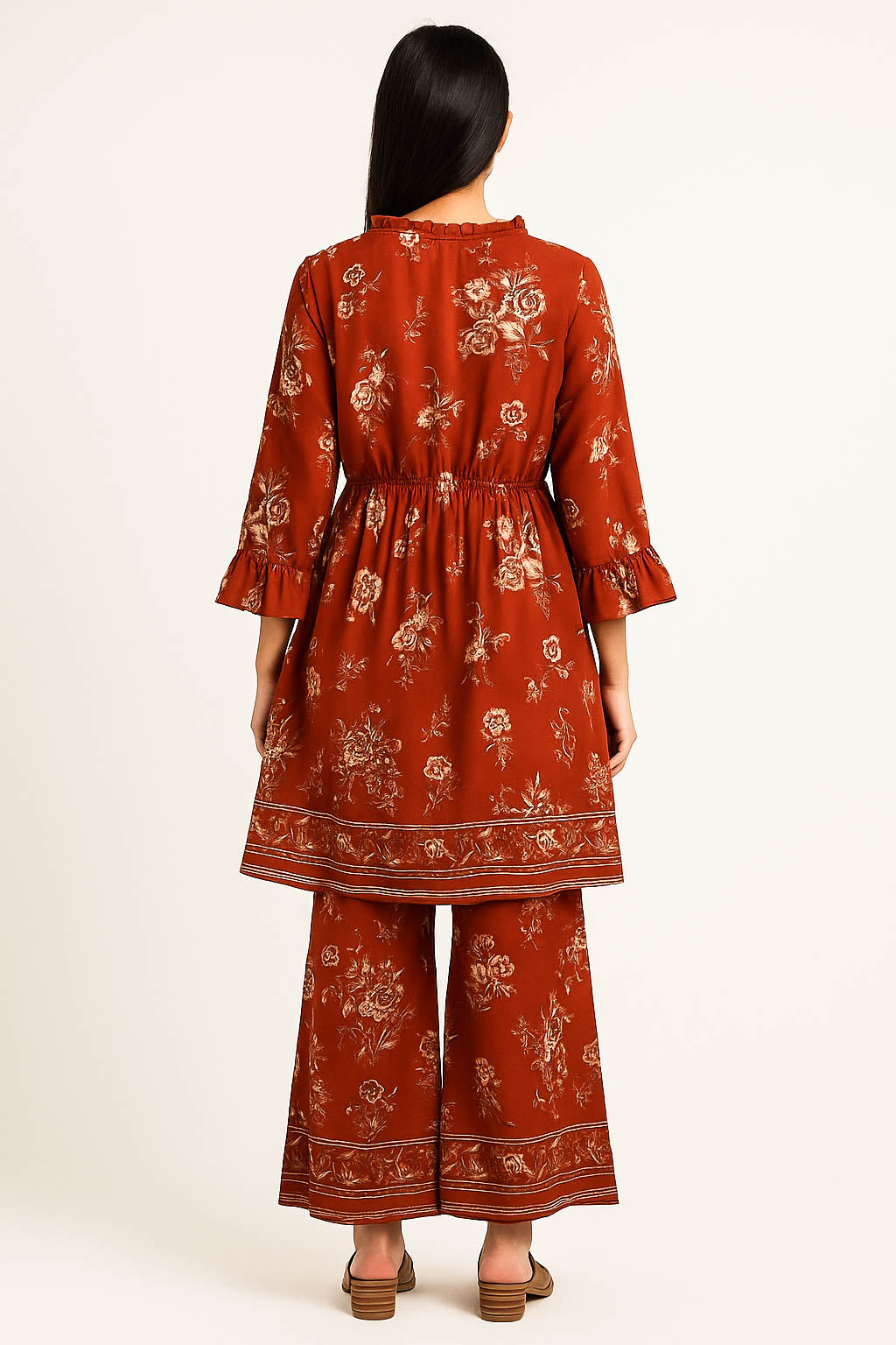 Co-Ord Set Frilled Neck-Rusty border