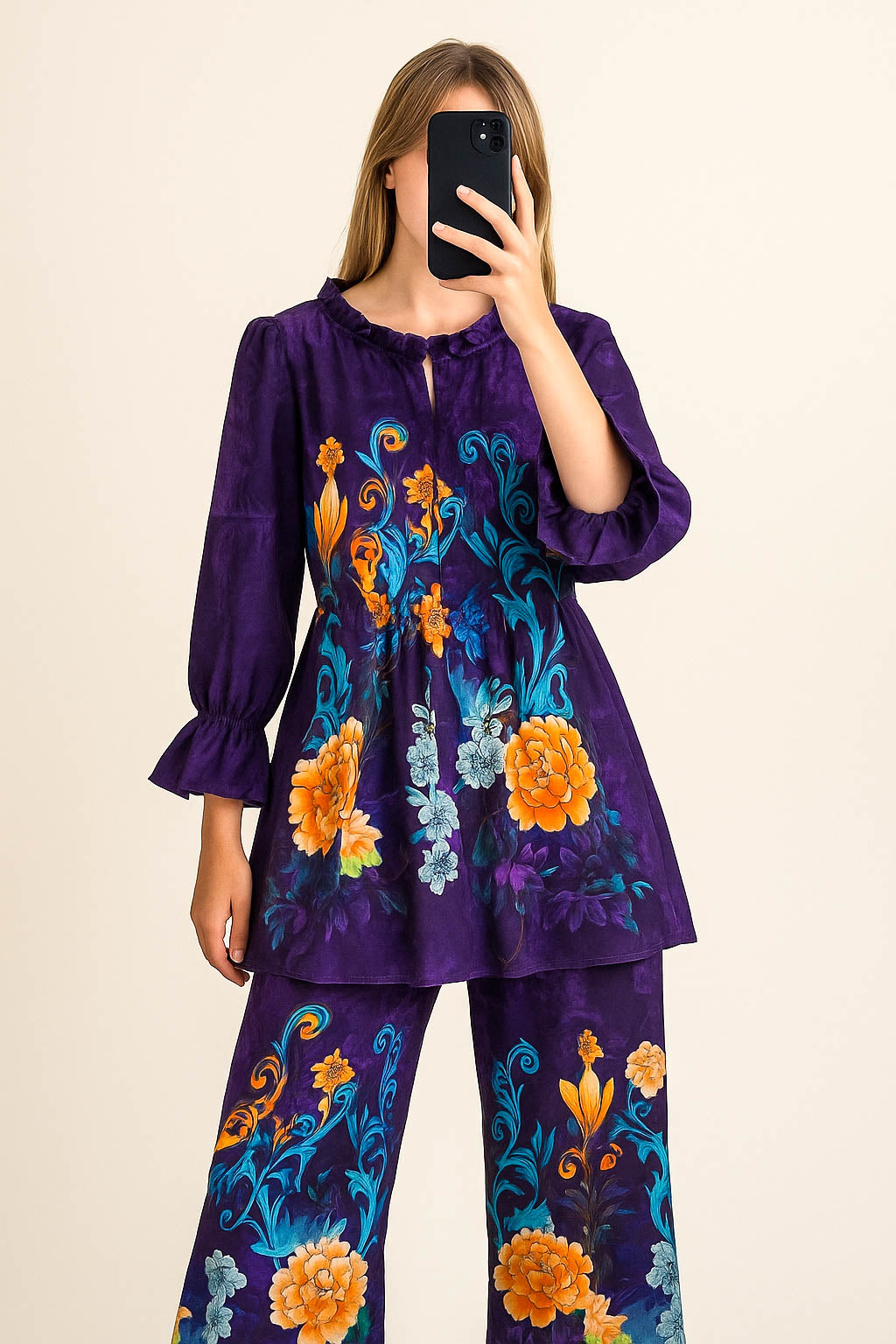 Co-Ord Set Frilled Neck-Plum Border