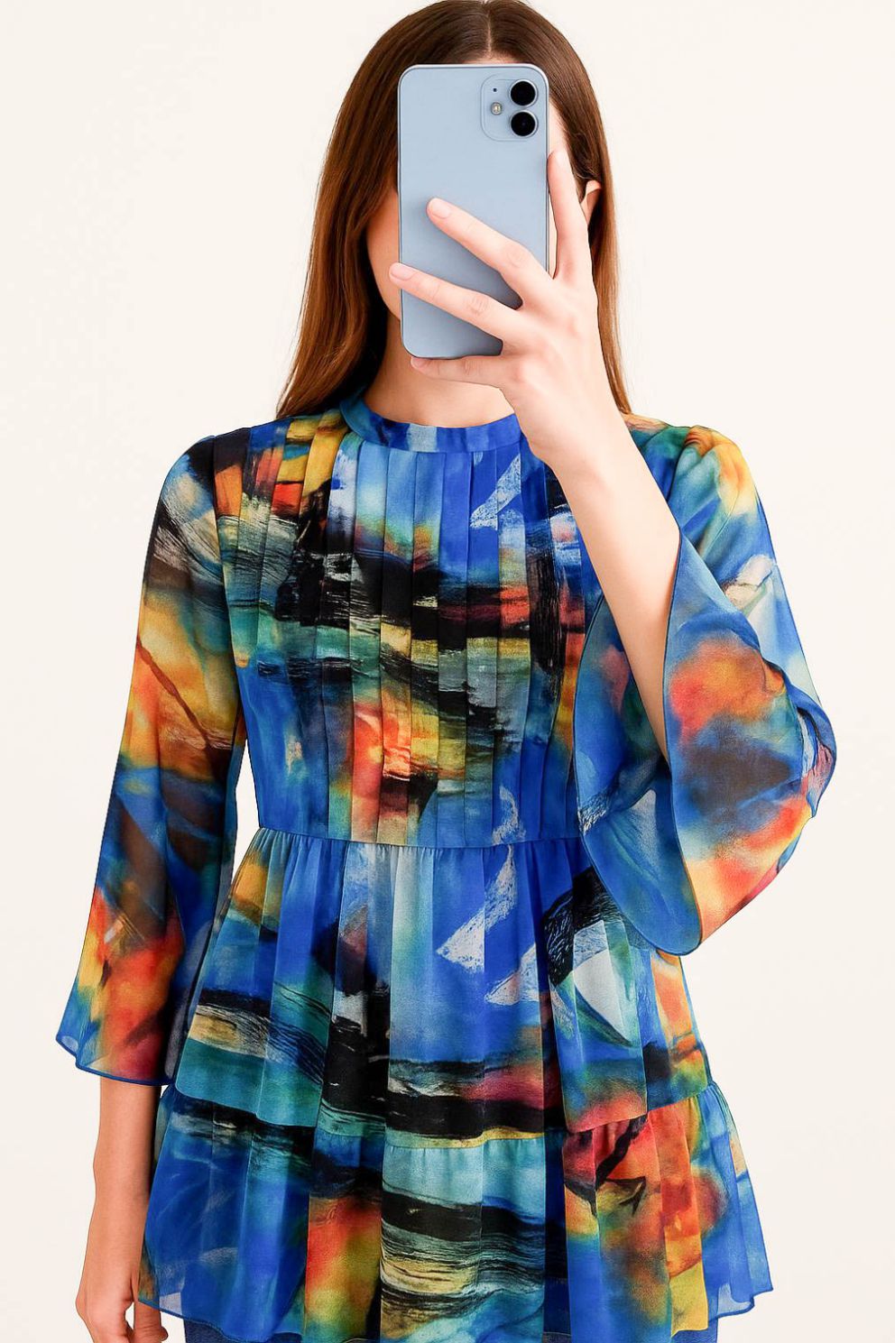 Chiffon Pleated Top-Abstract Blue