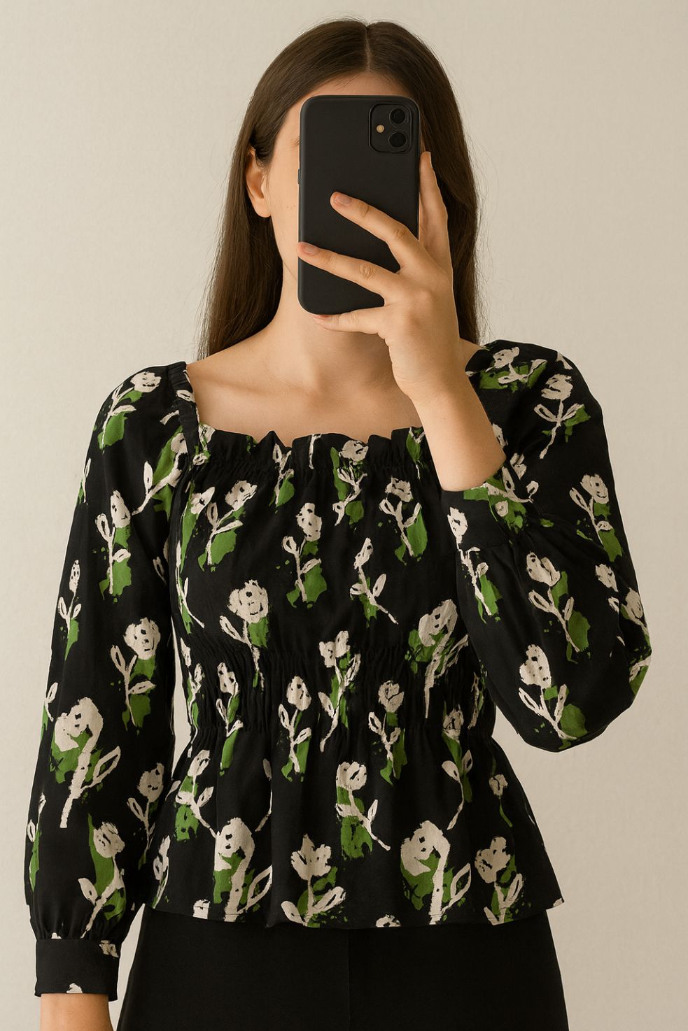 Crop Top Ruffle Neck-Black Floral