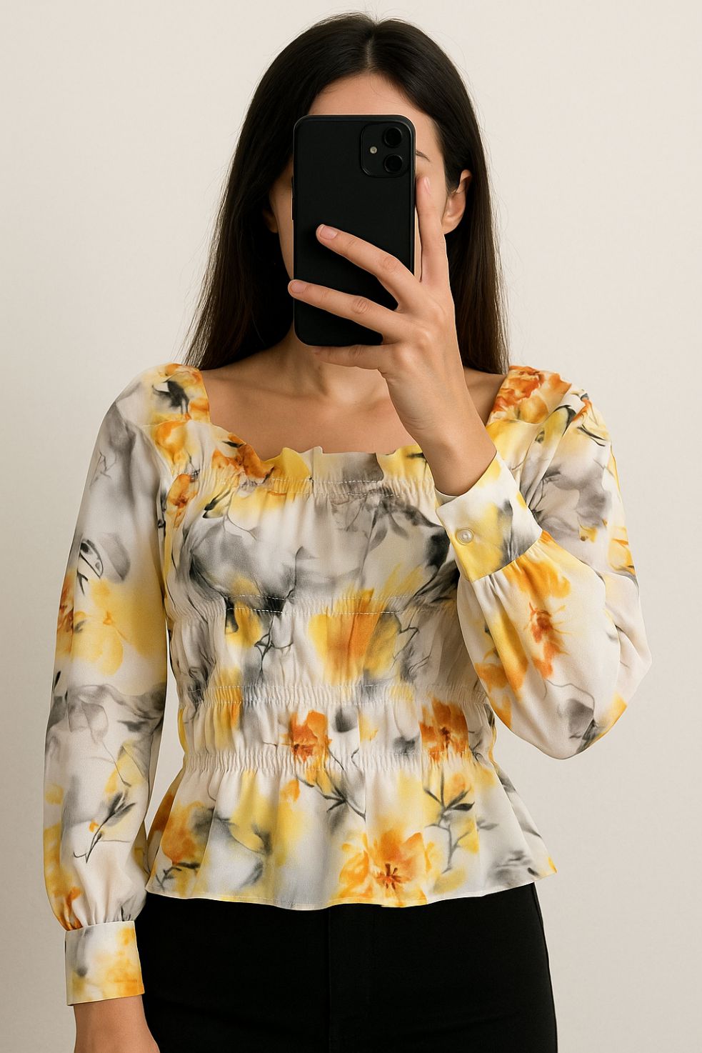 Crop Top Ruffle Neck-Off White Print