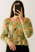 Crop Top Ruffle Neck-Tea Green Floral