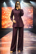 Co-Ord Set Front Open Collar-Dark Wine