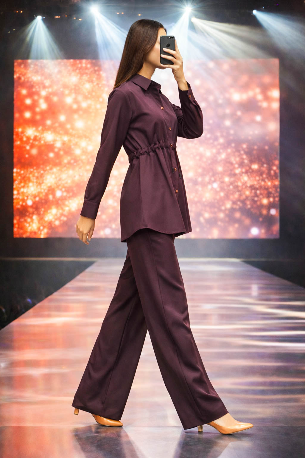 Co-Ord Set Front Open Collar-Dark Wine