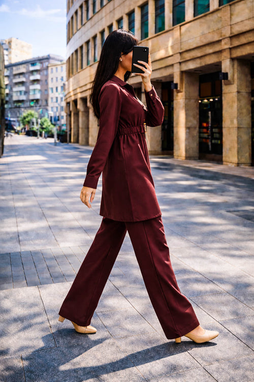 Co-Ord Set Buckle Collar-Dull Maroon