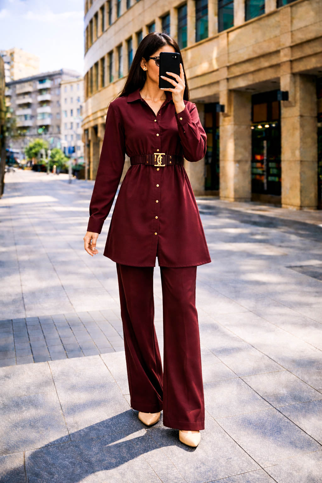 Co-Ord Set Buckle Collar-Dull Maroon