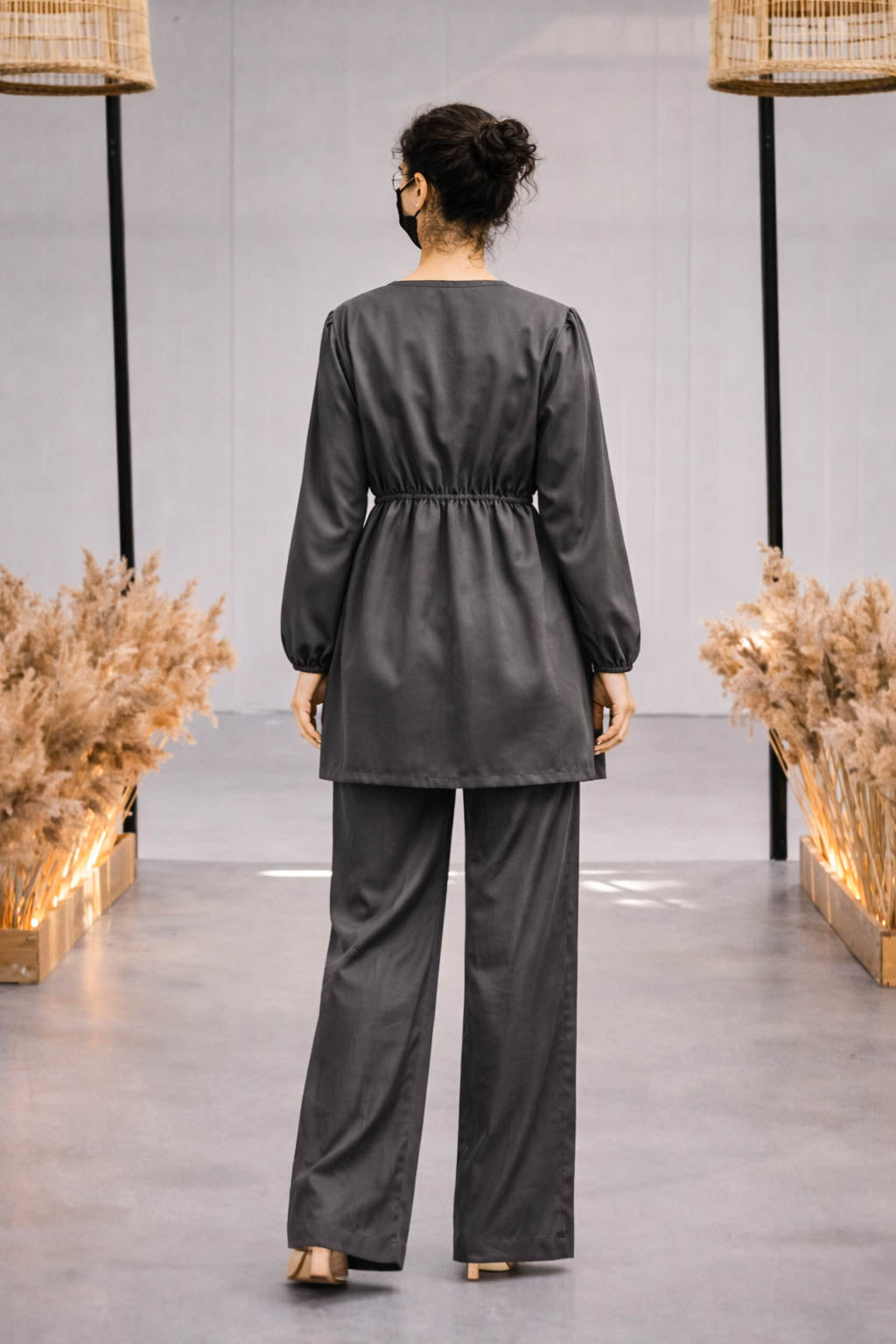 Co-Ord Set V Button Neck-Charcoal Grey