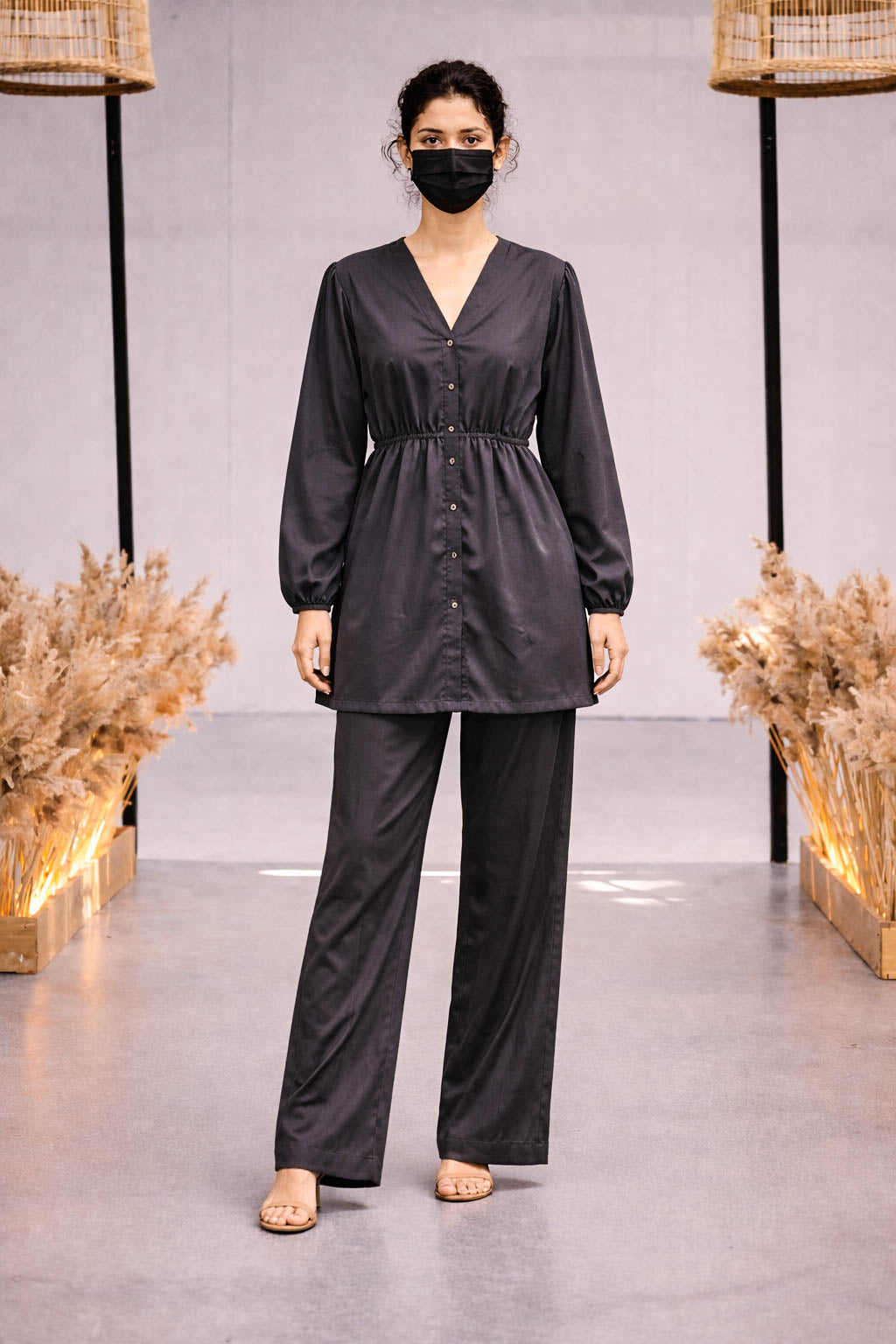 Co-Ord Set V Button Neck-Charcoal Grey