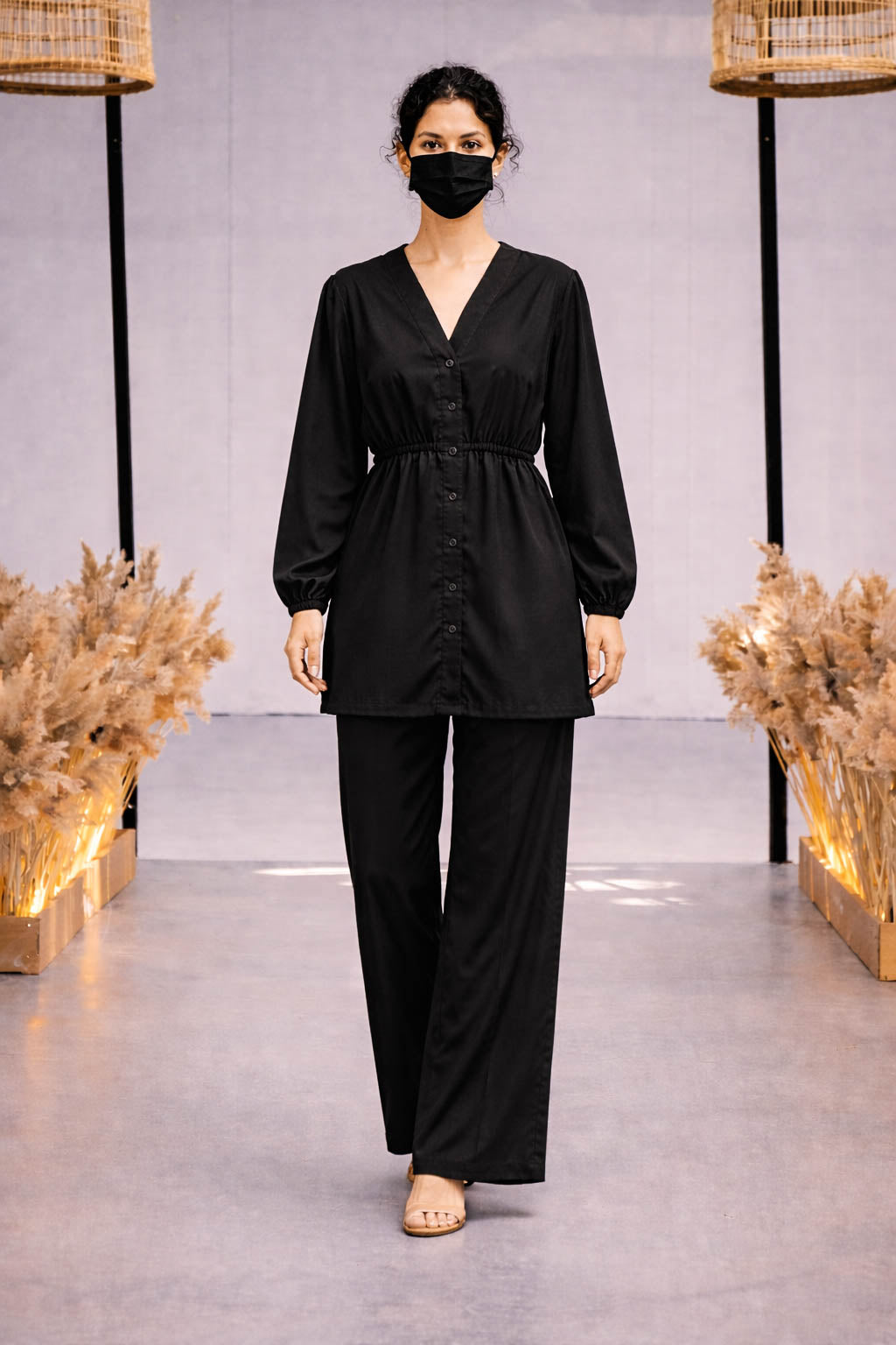 Co-Ord Set V Button Neck-Black