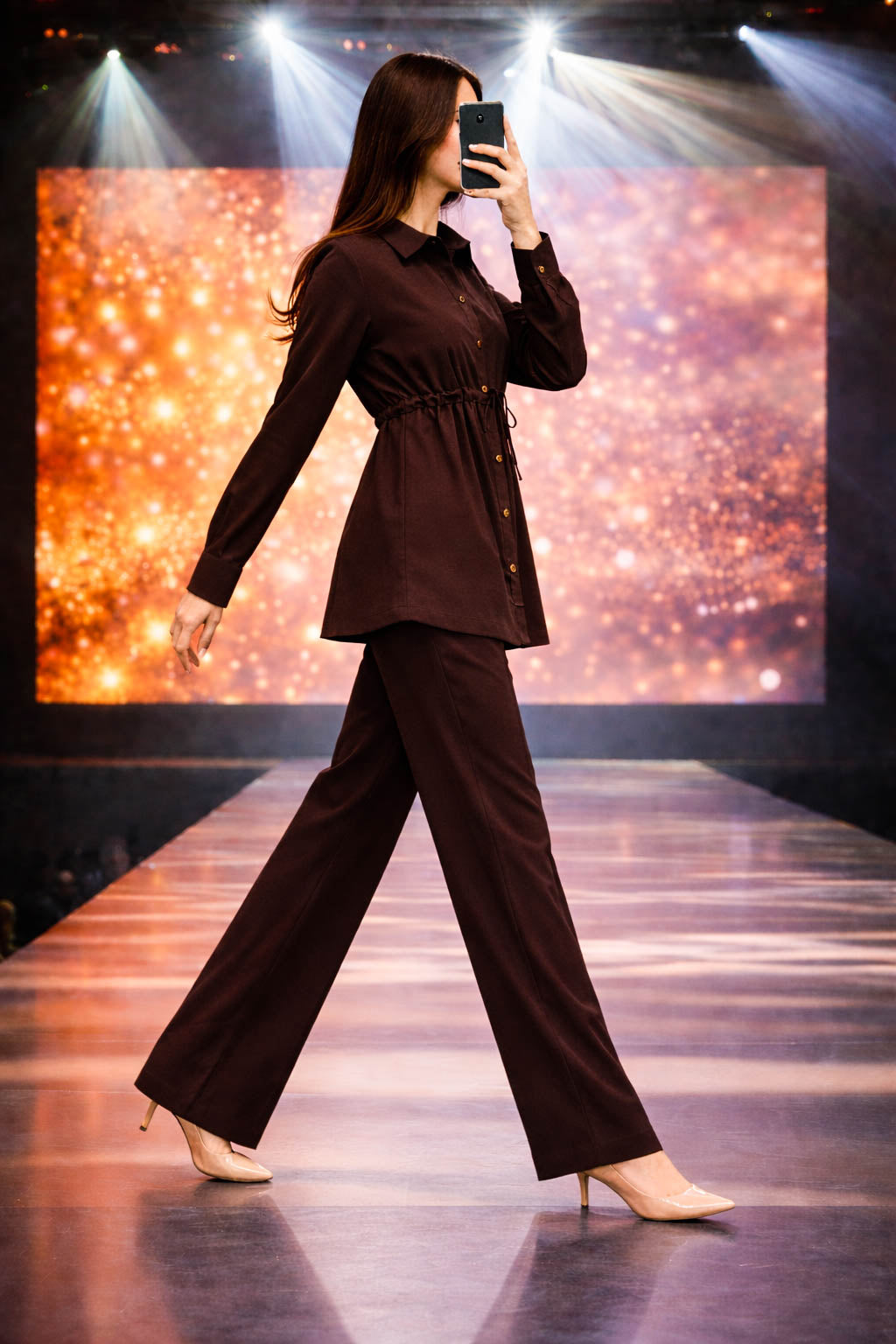 Co-Ord Set Front Open Collar-Dark Brown