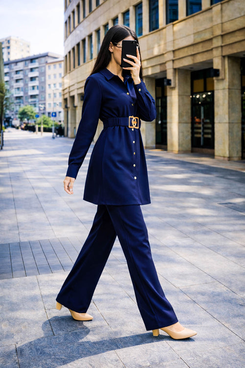 Co-Ord Set Buckle Collar-Navy Blue