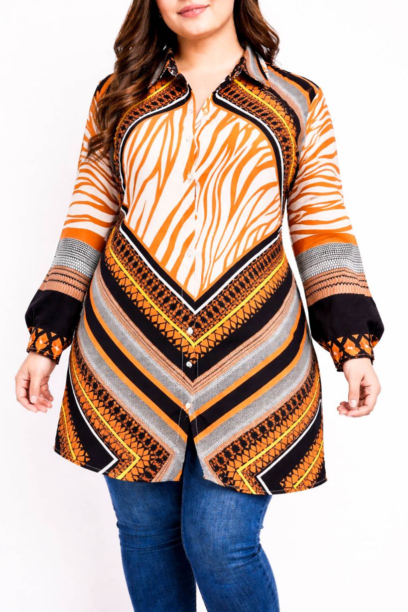 Coller Neck Plus Size Top-Geometric Safari Print