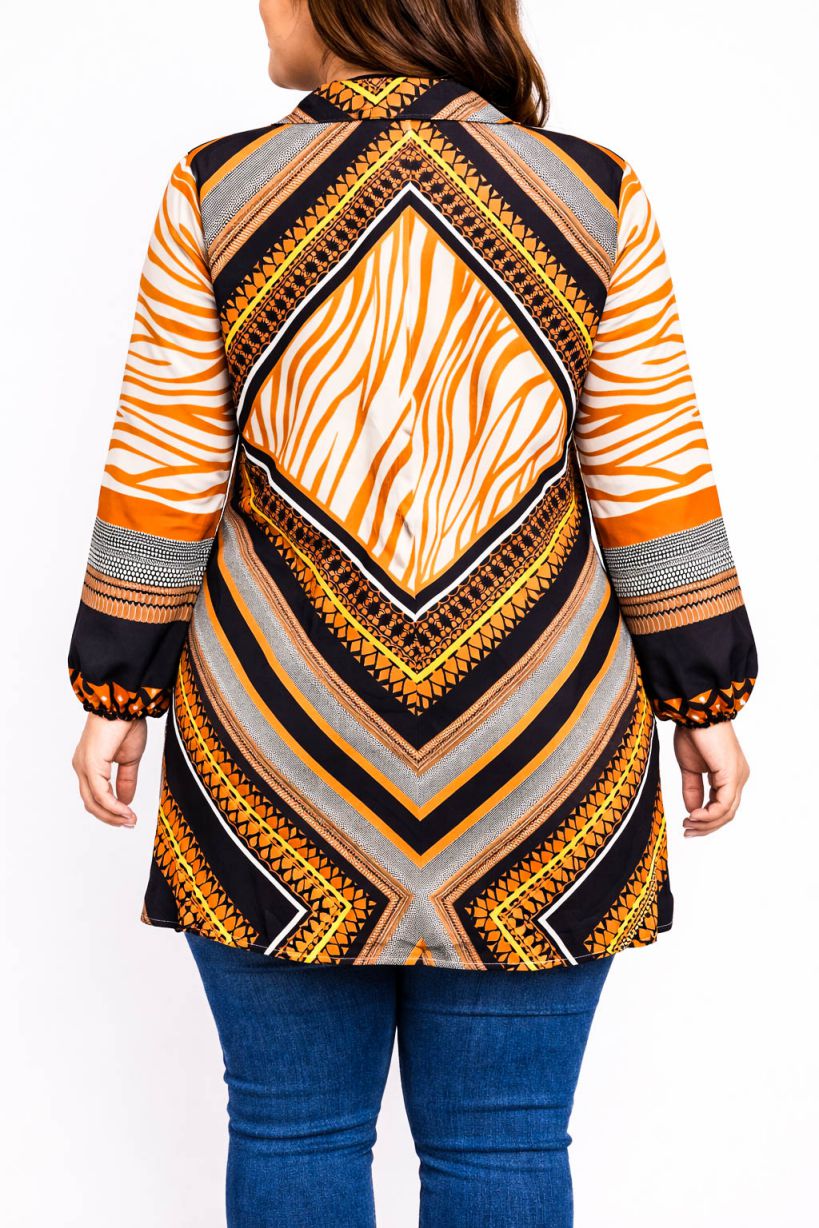Coller Neck Plus Size Top-Geometric Safari Print