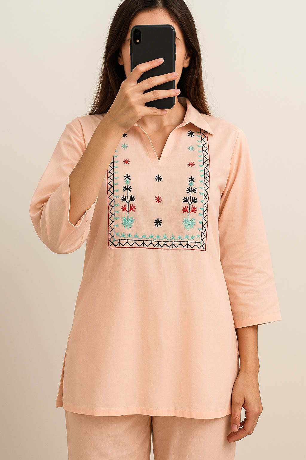 Co-Ord Set V Neck Collar-Pastel Peach