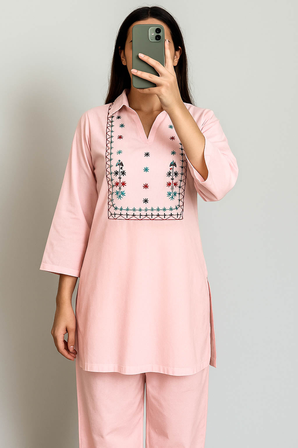 Co-Ord Set V Neck Collar-Baby Pink