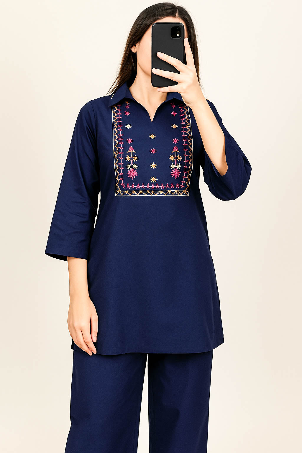 Co-Ord Set V Neck Collar-Navy Blue