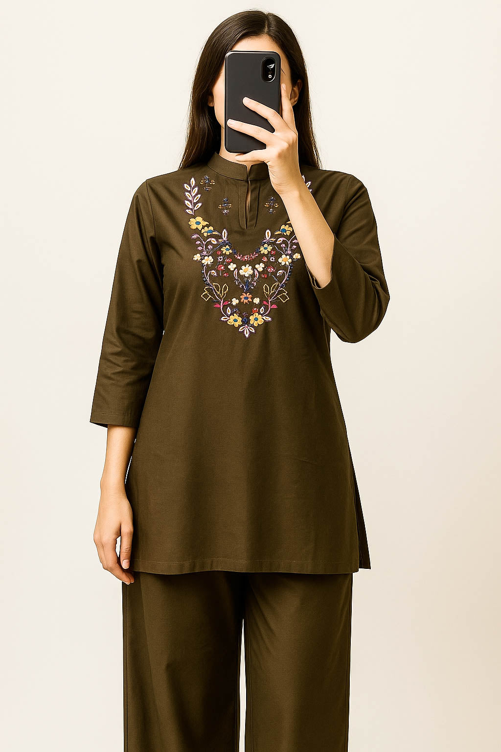 Co-Ord Set Ban Neck-Olive Brown