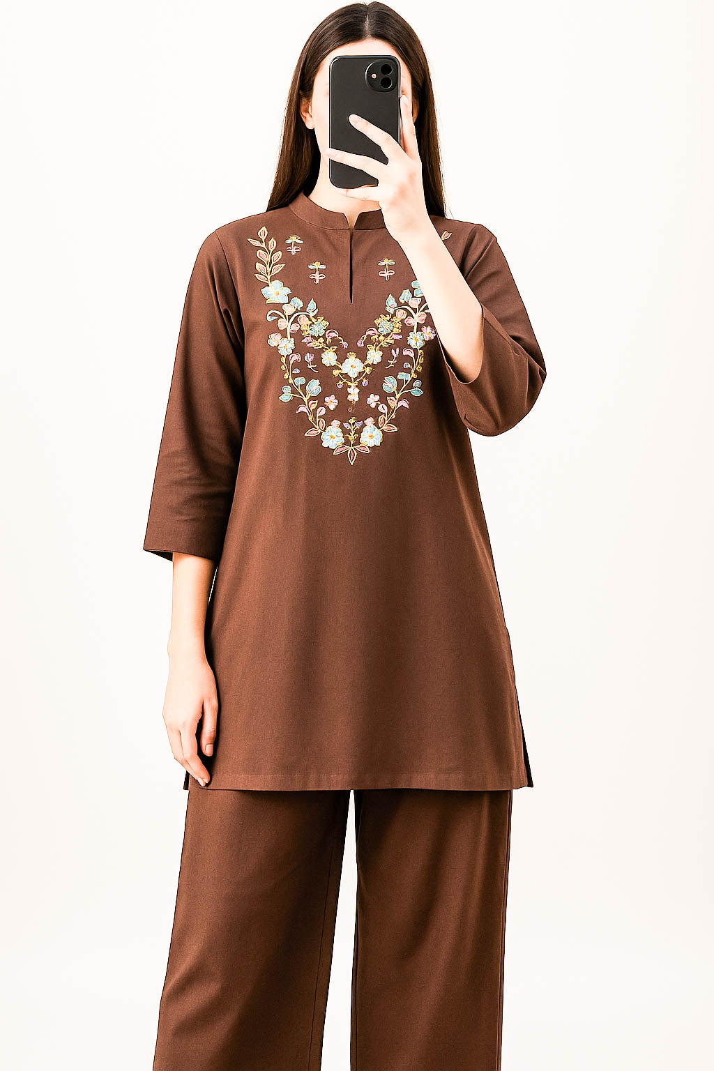 Co-Ord Set Ban Neck-Coffee Brown