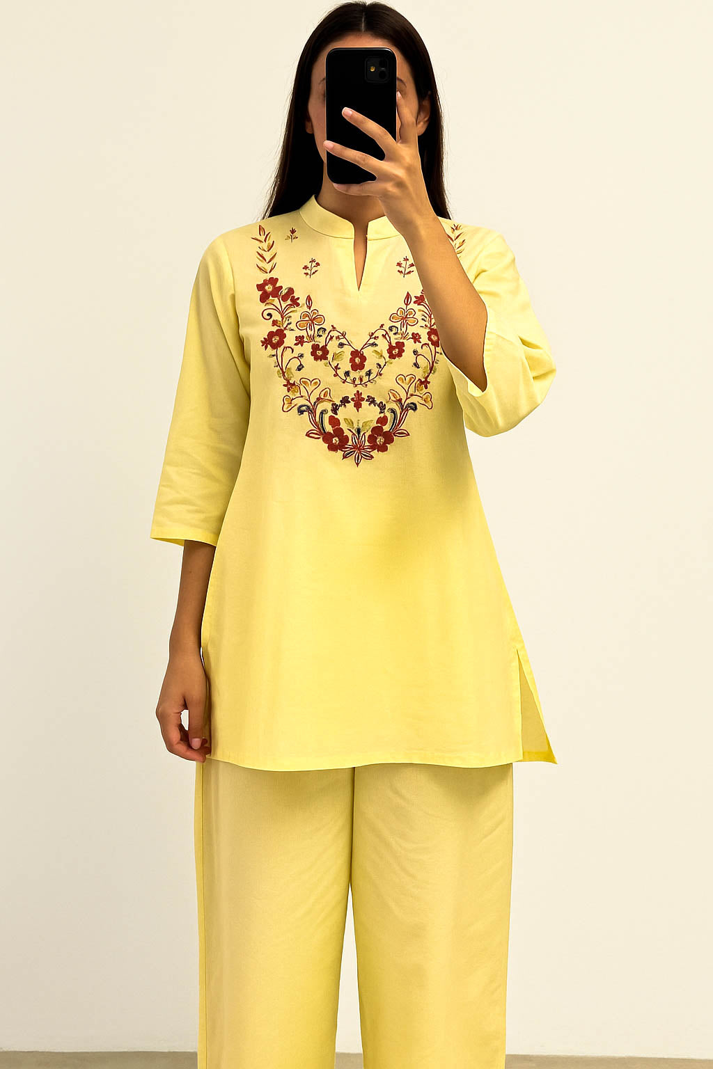 Co-Ord Set Ban Neck-Pastle yellow