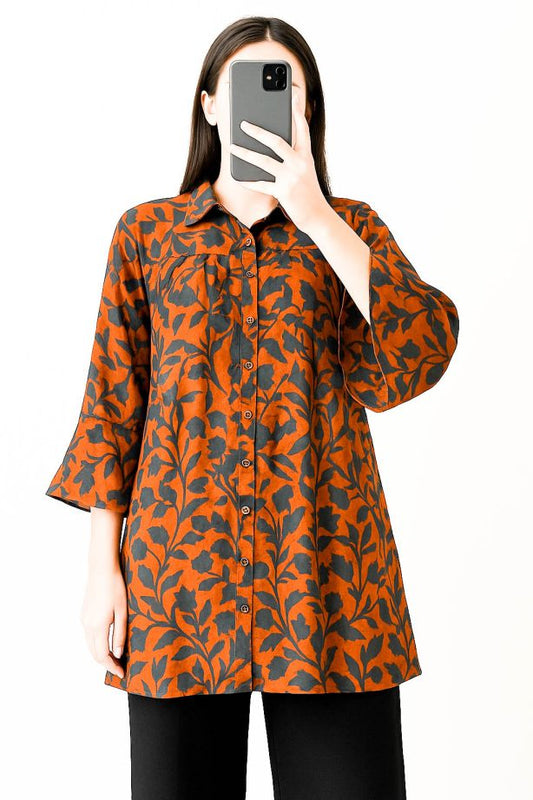 Co-Ord Set Collar Neck-Blue On Rust