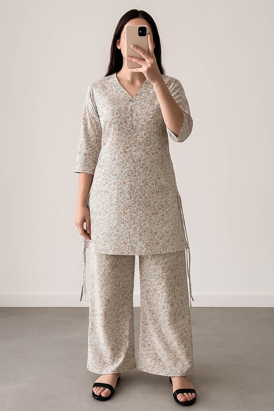 Co-Ord Set V Neck-Ash White Floral