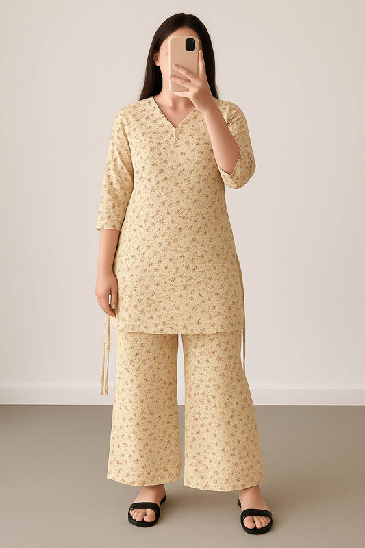 Co-Ord Set V Neck-Beige Floral