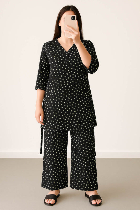 Co-Ord Set V Neck-Black Floral