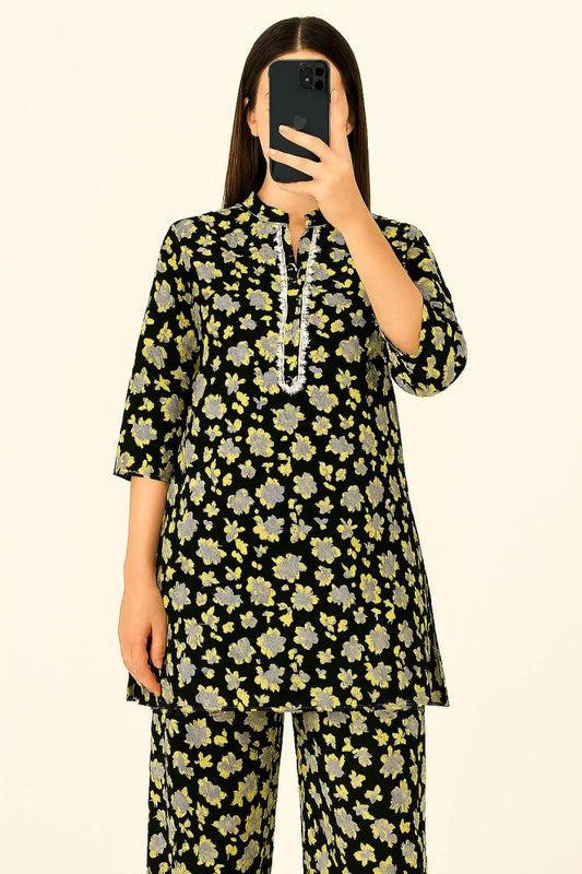 Co-Ord Set Band Neck-Black Floral