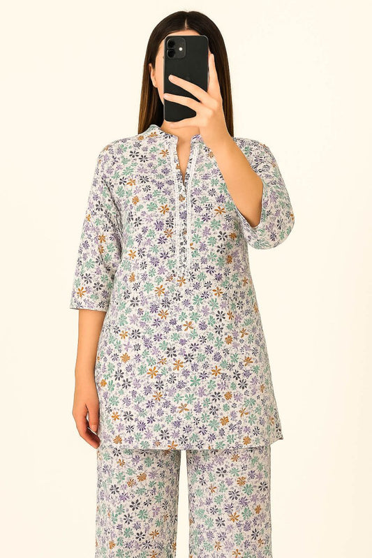 Co-Ord Set Band Neck-White Floral