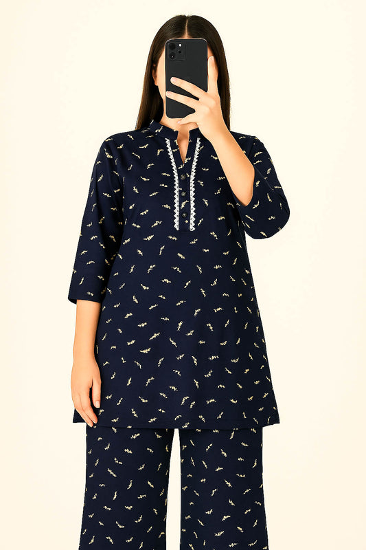 Co-Ord Set Band Neck-Navy Blue Printed