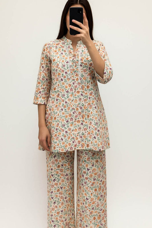 Co-Ord Set Band Neck-White Floral
