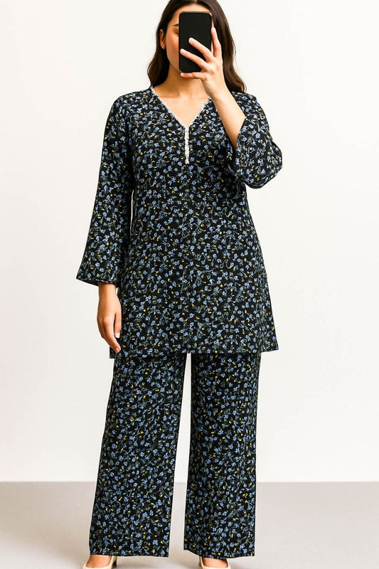 Co-Ord Set V Neck Black Floral
