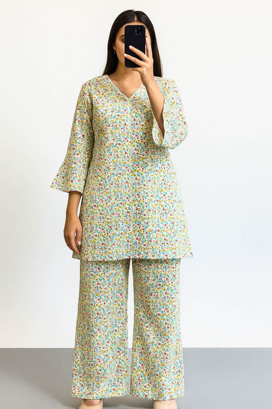 Co-Ord Set V Neck White Floral