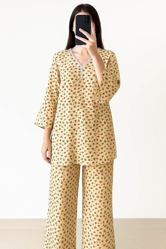 Co-Ord Set V Neck Beige Floral