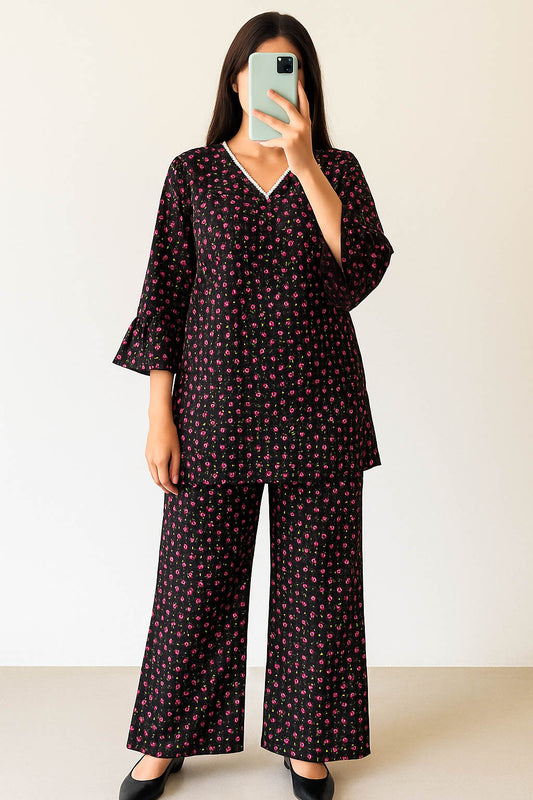 Co-Ord Set V Neck Black Floral