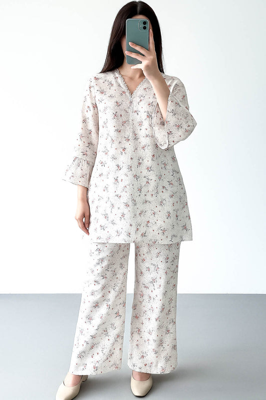 Co-Ord Set V Neck White Floral