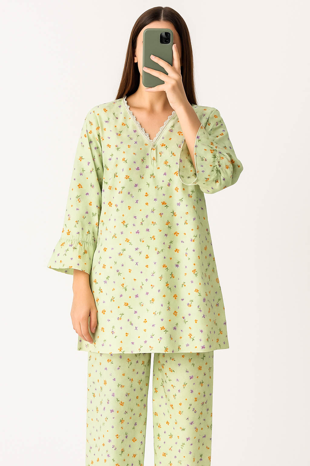 Co-Ord Set V Neck Light Pistachio floral