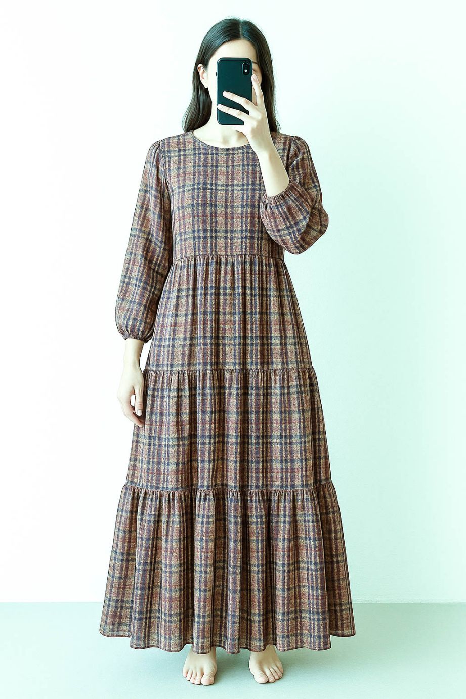 Maxi Regular Midi Dress-Brown Check