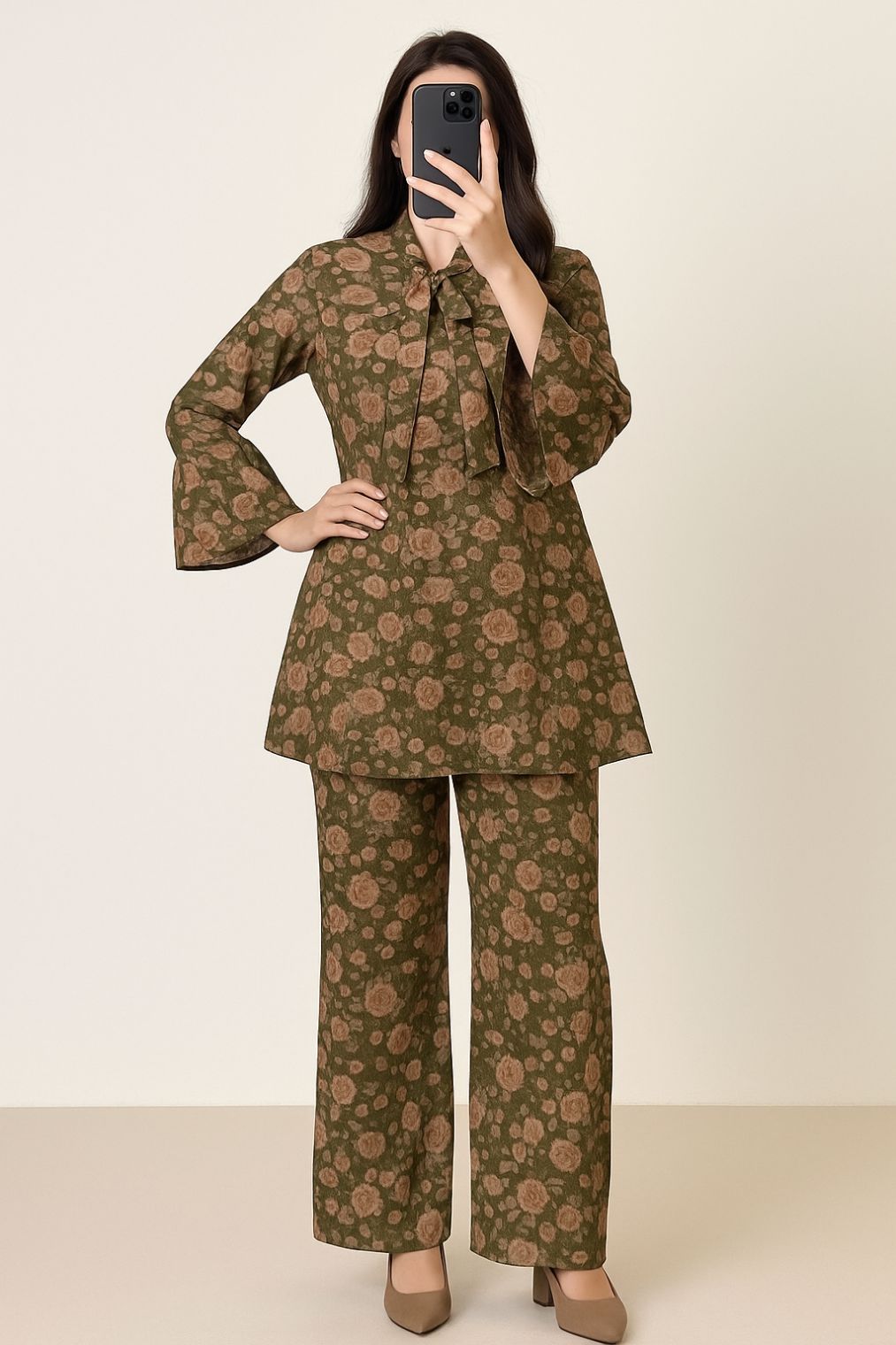 Tie Knot Lawn Co-Ord Set Mehndi Floral
