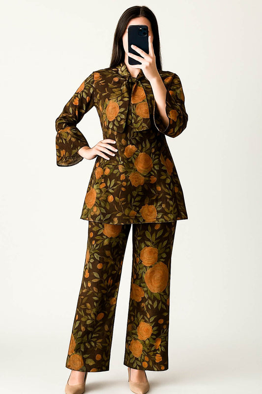 Tie Knot Lawn Co-Ord Set Vintage Brown Floral