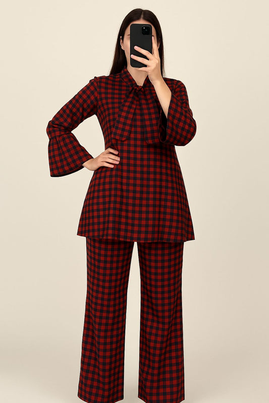 Tie Knot Lawn Co-Ord Set Maroon Check