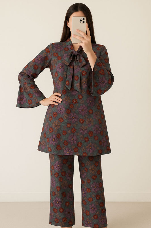 Tie Knot Lawn Co-Ord Set Charcoal Grey Floral