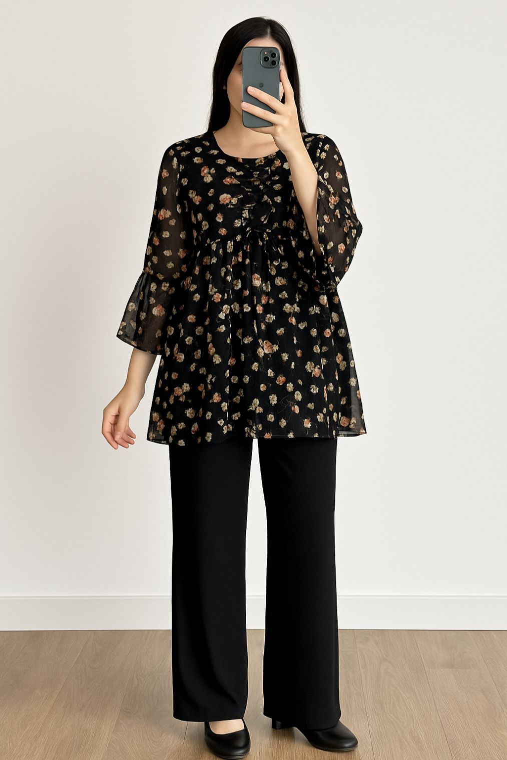 Co-Ord Set Lace-Up Top Black Floral