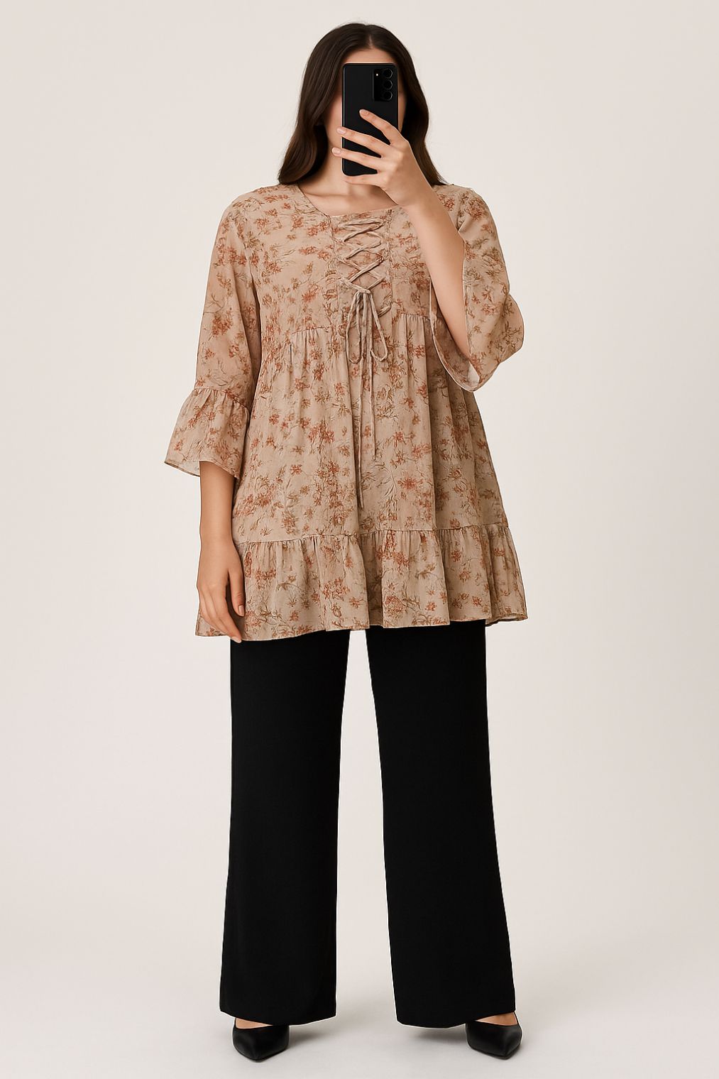 Co-Ord Set Lace-Up Top Beige