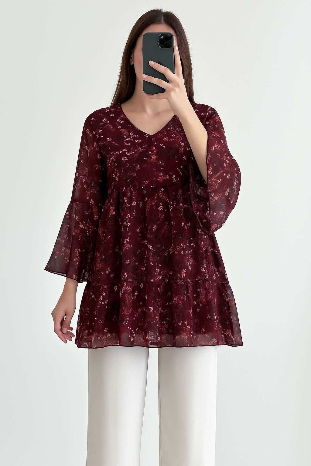 Co-Ord Set Bell Sleeves Floral Maroon