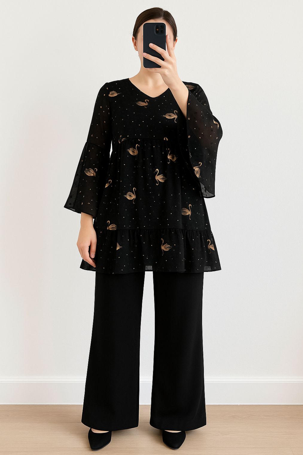 Co-Ord Set Bell Sleeves Floral Leaf On Black